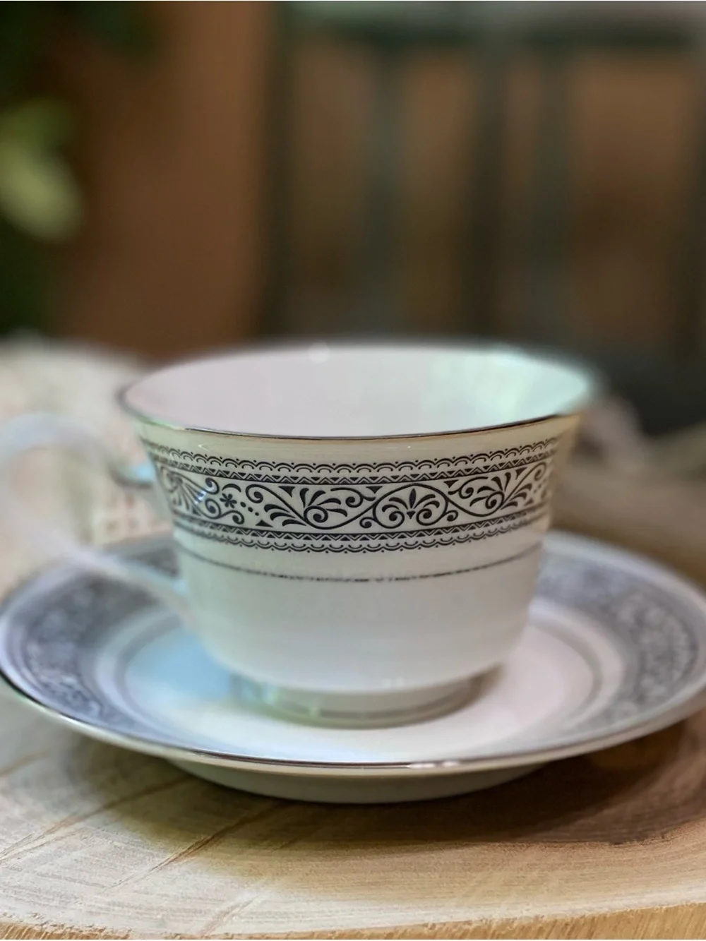 Noritake White and Black 7570 Ivory China Teacup & Saucer
